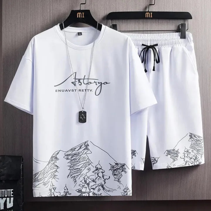 Men’s White Mountains Digital Print Summer T-Shirt and Shorts Tracksuit