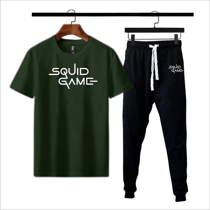 Men's Olive Green & Black Printed Summer Tracksuit