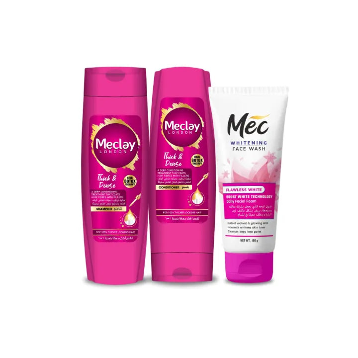Meclay London Thick & Dense Shampoo (185ml) + Conditioner (180ml) + MEC Flawless White Face Wash Combo Pack – Save ₹200!