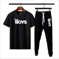 Black "The Boys" Printed Summer Tracksuit for Men & Boys – Round Neck Half Sleeve T-Shirt with Matching Trouser