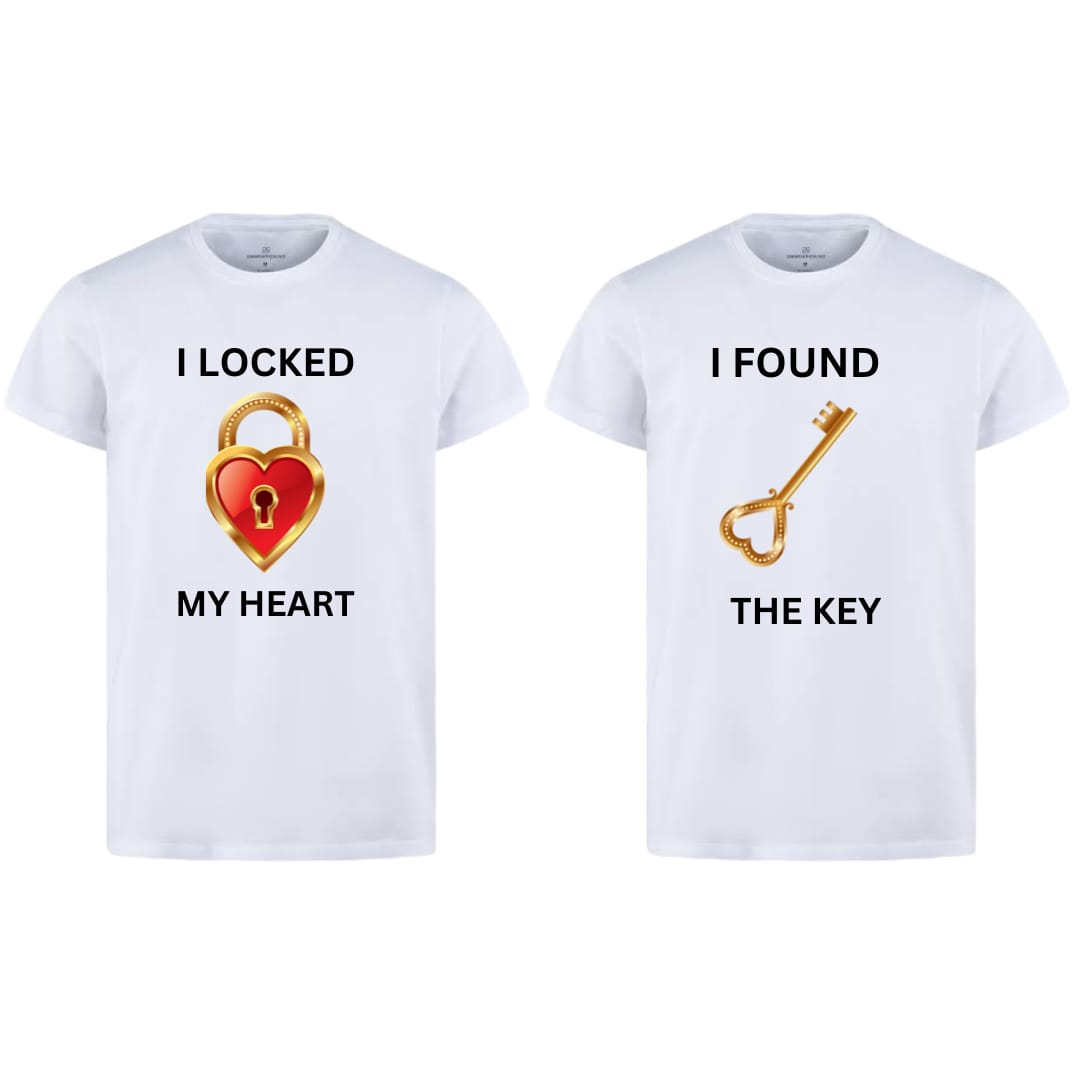 Couple Combo: "My Heart & The Key" Matching White T-Shirts | Cute Heart & Key Design | Premium Quality for Men & Women