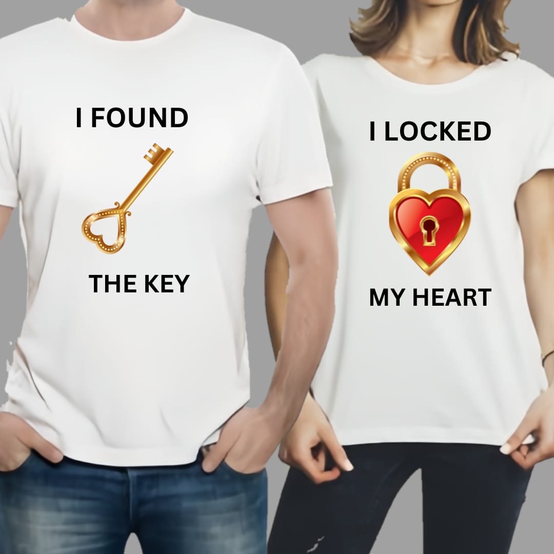Couple Combo: "My Heart & The Key" Matching White T-Shirts | Cute Heart & Key Design | Premium Quality for Men & Women