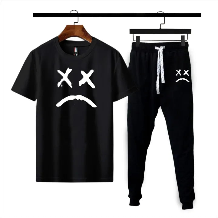 Men’s & Boys' Black Printed Summer Gymwear Tracksuit – Soft & Comfortable T-Shirt + Trouser Set