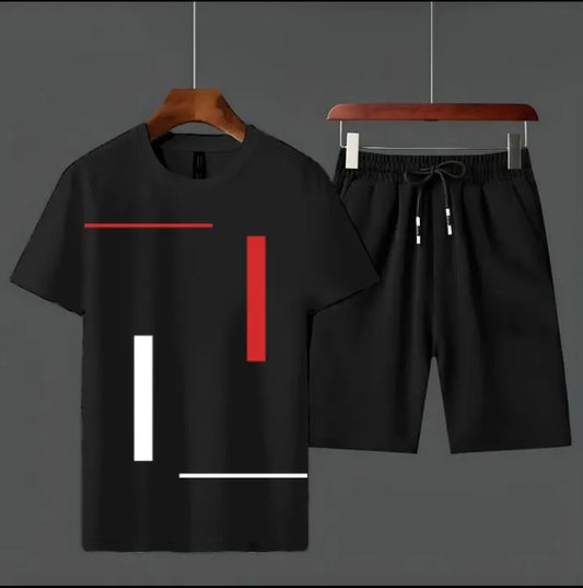 Men’s Vertical Striped Round Neck Half-Sleeve Tracksuit – Trendy T-Shirt & Shorts Set for Men & Boys | Casual Gym & Jogging Wear