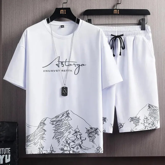 Men’s White Mountains Digital Print Summer T-Shirt and Shorts Tracksuit