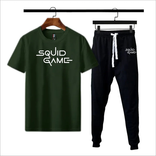Men's Olive Green & Black Printed Summer Tracksuit