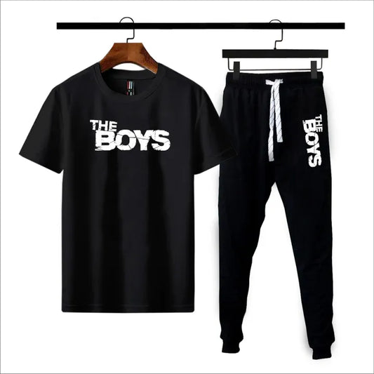 Black "The Boys" Printed Summer Tracksuit for Men & Boys – Round Neck Half Sleeve T-Shirt with Matching Trouser