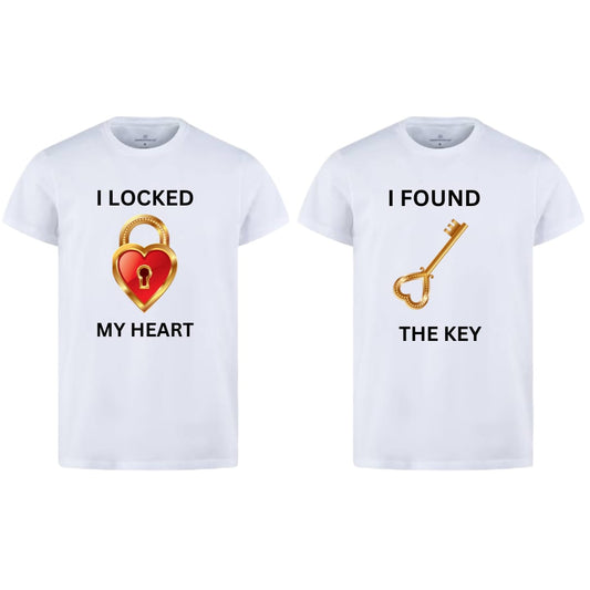 Couple Combo: "My Heart & The Key" Matching White T-Shirts | Cute Heart & Key Design | Premium Quality for Men & Women