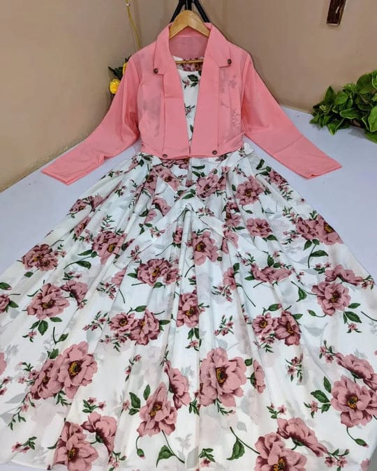 2-Piece Stylish Floral Maxi Dress with Pink Jacket – Women's Western Wear