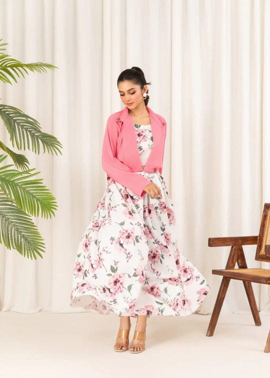 2-Piece Stylish Floral Maxi Dress with Pink Jacket – Women's Western Wear