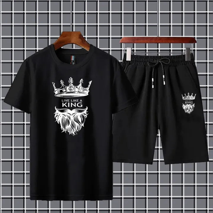 "Live Like a King" Printed Black Summer Tracksuit for Men – T-Shirt & Shorts Set