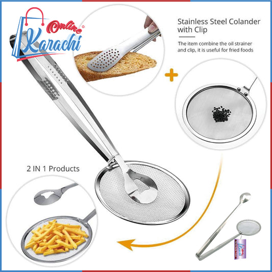 Online Karachi Multi-Functional 2-in-1 Oil Frying Spoon with Clip – Filter Spoon and Strainer Mesh Colander Kitchen Tool